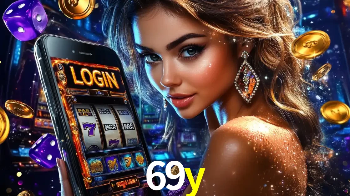 Mulher glamorosa segurando um smartphone com a tela de login para os jogos de caça-níqueis do cassino online 69y, com moedas de ouro e dados ao redor.
